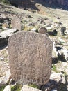 Engraving images of animals and humans on ancient tombstones in an ancient cemetery. Dezful Mountains, Iran.