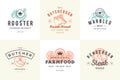 Engraving logos and labels farm animals with modern vintage typography hand drawn style set vector illustration. Royalty Free Stock Photo