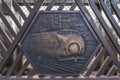 Engraving on metal representing the world first created 0 Series Shinkansen high-speed train on the Shimogoindenbashi Bridge.