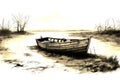 Engraving of old abandoned boat, creepy, haunting, eerie