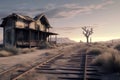 Engraving of old cottage style house, abandoned train in the desert Royalty Free Stock Photo