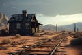 Engraving of old cottage style house, abandoned train in the desert