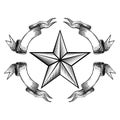 Engraving star in the middle of ribbons isolated on white. Vintage style for print or design