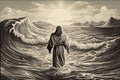 Engraving style. Jesus Christ walking on water on the sea of Galilee. Generative Ai.