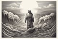 Engraving style. Jesus Christ walking on water on the sea of Galilee. Generative Ai.