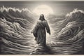 Engraving style. Jesus Christ walking on water on the sea of Galilee. Generative Ai.