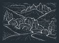 Engraving style. landscape sketch. Dolomites Mountains, Italy, Europe. Hand drawn vector illustration