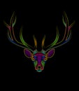 Engraving of stylized psychedelic deer on black background