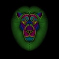 Engraving of stylized psychedelic lion on black background