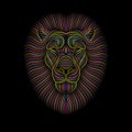 Engraving of stylized psychedelic lion on black background