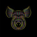 Engraving of stylized psychedelic pig portrait on black background.