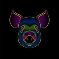 Engraving of stylized psychedelic pig portrait on black background.