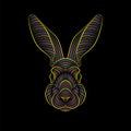 Engraving of stylized psychedelic rabbit portrait on black background.