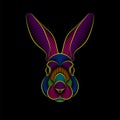 Engraving of stylized psychedelic rabbit portrait on black background.