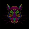 Engraving of stylized psychedelic rat portrait on black background.