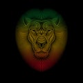 Engraving of stylized rasta lion on black background