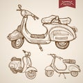 Engraving vintage drawn vector moped scooter trans