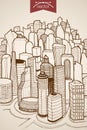 Engraving vintage hand drawn vector city skyscrape