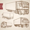 Engraving vintage hand drawn vector delivery transport collection. Pencil Sketch Truck, Van lorry vehicles illustration