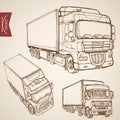 Engraving vintage hand drawn vector delivery transport collection. Pencil Sketch Truck, Van lorry vehicles illustration