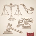 Engraving vintage hand drawn vector Law and Justice collection. Pencil Sketch Judge trial Libra and Gavel, Detective Pipe and