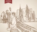 Engraving vintage hand drawn vector New York sights and landmarks. Pencil Sketch Statue of Liberty, Manhattan skyscrapers