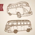 Engraving vintage hand drawn vector retro bus collection. Pencil Sketch passenger transport illustration