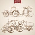 Engraving vintage hand drawn vector tractor and combine collection. Pencil Sketch Farm Machinery illustration Royalty Free Stock Photo