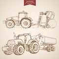 Engraving vintage hand drawn vector tractor Farm S Royalty Free Stock Photo