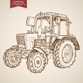 Engraving vintage hand drawn vector tractor image. Pencil Sketch Farm Machinery illustration Royalty Free Stock Photo