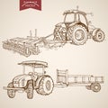 Engraving vintage hand drawn vector tractor plowing ground collection. Pencil Sketch Farm Machinery illustration Royalty Free Stock Photo