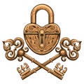 Engraving vintage lock and two keys Royalty Free Stock Photo