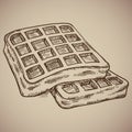 Engraving of waffles. Delicious morning meal in the style of the counter. Vector illustration
