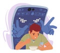 Engrossed And Addicted Man Consumes His Meal With One Hand While Clutching His Cellphone, Cartoon Vector Illustration