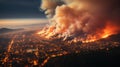engulfed forest fires come close to the city and houses,