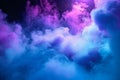 Engulfed in smoke, vibrant purple and blue searchlights create intrigue.