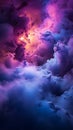 Engulfed in smoke, vibrant purple and blue searchlights create intrigue