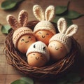 Four eggs in a basket wearing knitted bunny ears