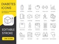 Enhance medical apps and websites with a diabetes management toolkit. Editable stroke and line icons cover key elements