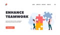 Enhance Teamwork Landing Page Template. Office People Work Together Connect Huge Colorful Separated Puzzle Pieces