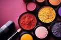 Enhance your eye makeup game with this set of diverse colored eyeshades and a brush, Top view of a makeup cosmetics set, AI Royalty Free Stock Photo