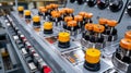 Industrial Control Panel Buttons Close-Up: Machinery Production Interface.