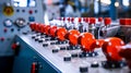 Industrial Control Panel Buttons Close-Up: Machinery Production Interface.