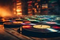 Enhanced retro vinyl records scratches and light leaks in vintage music collection Royalty Free Stock Photo