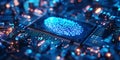 Enhancing Cybersecurity with a Blue Microchip Featuring a Fingerprint Symbol for Secure Data
