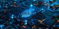 Enhancing Cybersecurity with a Blue Microchip and Fingerprint Symbol for Secure Data Protection and
