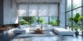 Enhancing a modern interior with motorized roller blinds and solar shades controlled by smart home Royalty Free Stock Photo