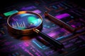 Enhancing seo through data analysis. magnifier, charts, graphs on neon ultraviolet screen. Royalty Free Stock Photo
