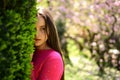 Enhancing the skins beauty. Beauty model with fresh look. Young lady in spring garden. Cute girl on spring nature