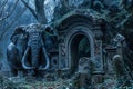 Enigmatic Ancient Elephant Statue Amidst Overgrown Ruins in Mystical Foggy Forest Scene